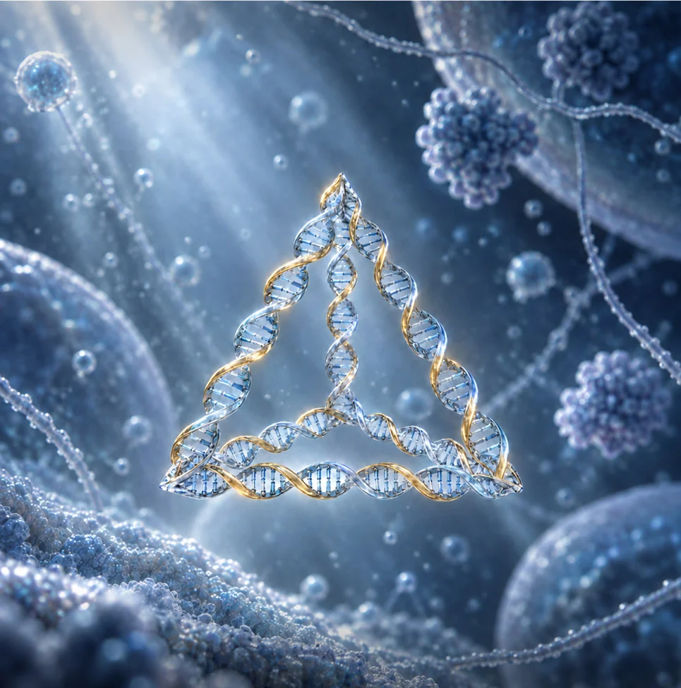Artistic blue-and-gold rendering of a tetrahedral framework nucleic acid formed by DNA strands